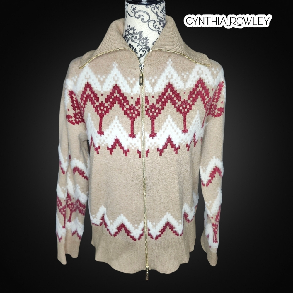 CYNTHIA ROWLEY Patterned Zip Up Sweater - Small - Picture 1 of 8
